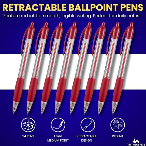 1InTheOffice Red Pens Ballpoint, Medium Point, Retractable, Red Ink, 24 Pack in Kuwait