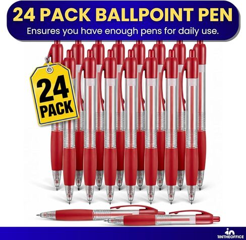 1InTheOffice Red Pens Ballpoint, Medium Point, Retractable, Red Ink, 24 Pack in Kuwait