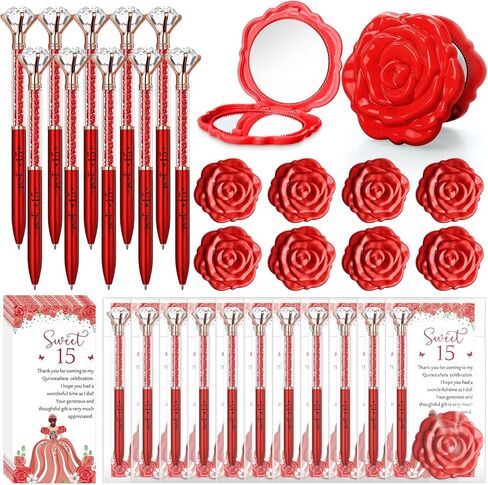25 مجموعة من أقلام Fuyoooo Quinceanera Party Favors Sweet 15th Diamond Pens Bling Pens Rose Design Compact Pocket Mirrors مع بطاقات شكر حلوة 15 عيد ميلاد صالح (وردي) in Kuwait