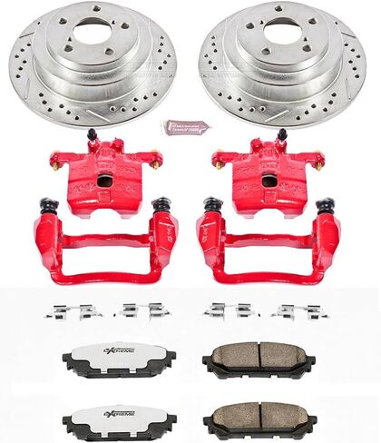 طقم الفرامل الأمامية والفرجار من PowerStop لسيارة Honda Civic 2001-05 - دوارات قرصية محفورة ومشقوقة + وسادات فرامل سيراميك من ألياف الكربون + فرجار مطلي بمسحوق أحمر، KC690A-26 in Kuwait