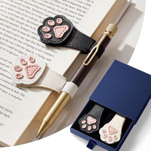 2Pcs Magnetic Bookmarks with Gift Box Magnetic Pen Holder for Notebook Cat Book Marks Clip Gift for Book Lover Readers Cute PU Leather Bookmark for Women, Paw (White+Black) in Saudi Arabia