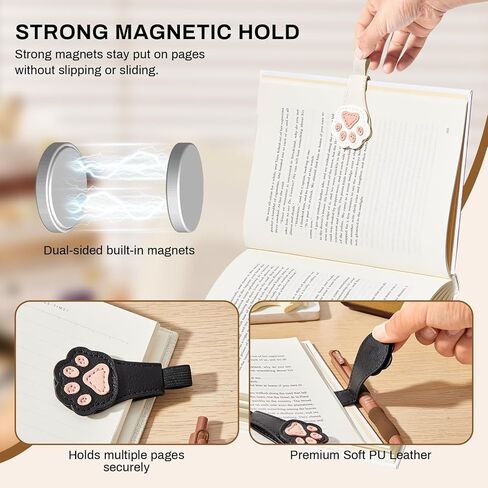 2Pcs Magnetic Bookmarks with Gift Box Magnetic Pen Holder for Notebook Cat Book Marks Clip Gift for Book Lover Readers Cute PU Leather Bookmark for Women, Paw (White+Black) in Saudi Arabia