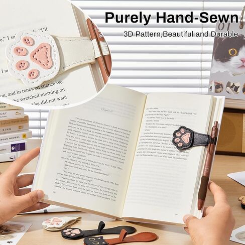 2Pcs Magnetic Bookmarks with Gift Box Magnetic Pen Holder for Notebook Cat Book Marks Clip Gift for Book Lover Readers Cute PU Leather Bookmark for Women, Paw (White+Black) in Saudi Arabia