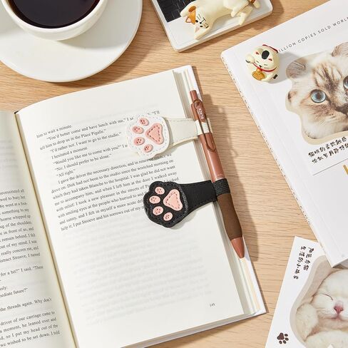 2Pcs Magnetic Bookmarks with Gift Box Magnetic Pen Holder for Notebook Cat Book Marks Clip Gift for Book Lover Readers Cute PU Leather Bookmark for Women, Paw (White+Black) in Saudi Arabia