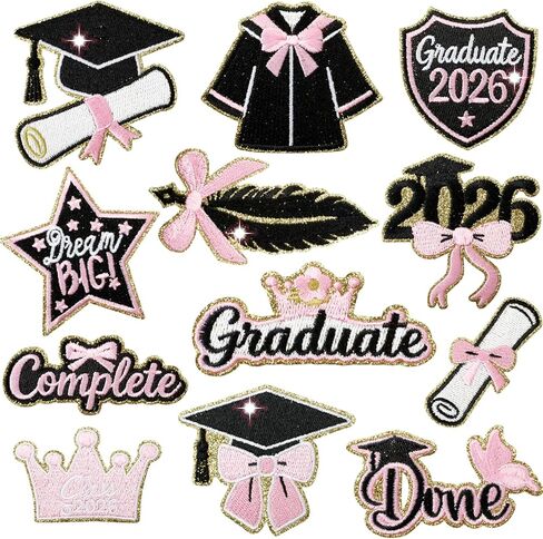 12Pcs Class of 2026 Graduation Iron on Patches Applique with Pink Gradution Embroidered Sew on Cloth Multiple Styles Patches for Clothes Hats Backpacks Jackets DIY Accessories Decorations in Saudi Arabia