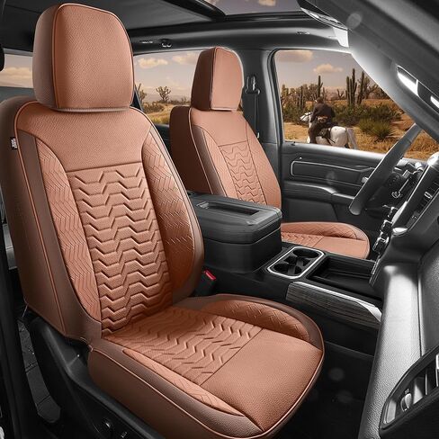 غطاء مقعد سيارة من الجلد باللون الأحمر المطر البني لسيارة Chevy Silverado 2019-2025 1500 2500 3500 Crew Cab Double Extended Regular Cab LT LZT RST Trail Boss, GMC Sierra 2020-2026 (Silverado-Brown+Orange-2019/2025) in Kuwait