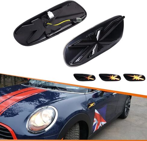 ADIIL Union Jack عدسة مدخنة كهرماني متسلسل LED مجموعة مصابيح أمامية للحاجز الجانبي متوافقة مع 2014-2020 Mini Cooper F55 F56 F57 in Kuwait