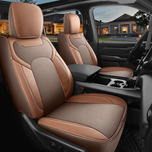 غطاء مقعد سيارة من الجلد باللون الأحمر المطر البني لسيارة Chevy Silverado 2019-2025 1500 2500 3500 Crew Cab Double Extended Regular Cab LT LZT RST Trail Boss, GMC Sierra 2020-2026 (Silverado-Brown+Orange-2019/2025) in Kuwait