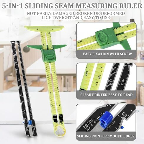 Ceenna 8 Pcs Sliding Gauge Measuring Tool, 5-in-1 Aluminum Expanding Sewing Gauge Button Guide Spacing Device Quilting Ruler Measuring Tool with 4 Seam Allowance Templates for Crafting Sewing Supplies in Saudi Arabia