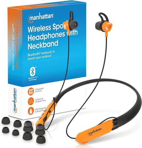 MANHATTAN Bluetooth Wireless Neckband Headphones — Neck Band Earphones with 15H Playtime, Noise-Isolating, IPX4 Water Resistant, Built-in Mic – for Work, Music, Calls – 3 Yr Mfg Warranty -179829 in Saudi Arabia