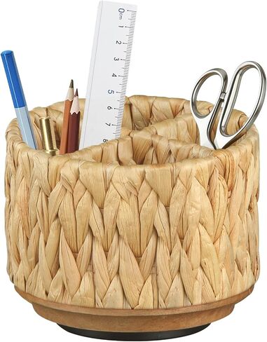 360 Swivel TV Remote Control Holder, Woven Water Hyacinth Desk Organizer, Rattan Pen Holder for Table, Boho Spinning Wicker Caddy for Art Supplies, Stationery, Office Living Room Bedside Decor in Kuwait