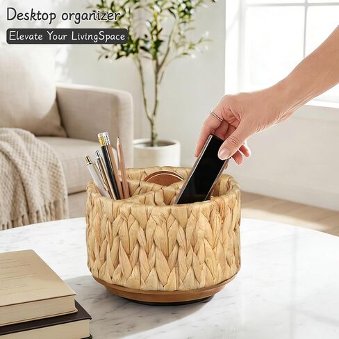 360 Swivel TV Remote Control Holder, Woven Water Hyacinth Desk Organizer, Rattan Pen Holder for Table, Boho Spinning Wicker Caddy for Art Supplies, Stationery, Office Living Room Bedside Decor in Kuwait