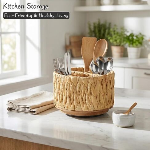 360 Swivel TV Remote Control Holder, Woven Water Hyacinth Desk Organizer, Rattan Pen Holder for Table, Boho Spinning Wicker Caddy for Art Supplies, Stationery, Office Living Room Bedside Decor in Kuwait