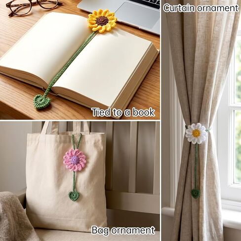 6 Pcs Crochet Flower Bookmarks, Handmade Knitted Daisy Sunflower Book Marks Cute Unique Bookmarks for Women Girls Book Lovers Teachers (6 Color) in Kuwait