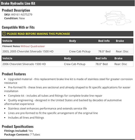 Marketplace Auto Parts Brake Hydraulic Line Kit with Fittings - Compatible with 2003, 2005-2006 Chevy Silverado 1500 HD Crew Cab Pickup in Kuwait