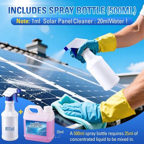 Solar Panel Cleaner 32oz (20X Concentrate, Makes 150 Gallons), Solar Panel Cleaning Fast Evaporating Formula, Includes 500ml Dilution Spray Bottle (Bottle Only), Multi Surface Use in Saudi Arabia