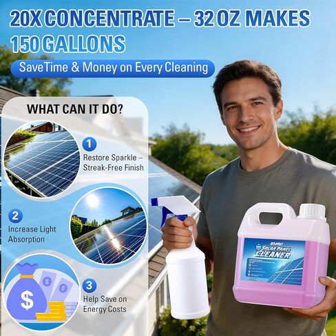 Solar Panel Cleaner 32oz (20X Concentrate, Makes 150 Gallons), Solar Panel Cleaning Fast Evaporating Formula, Includes 500ml Dilution Spray Bottle (Bottle Only), Multi Surface Use in Saudi Arabia