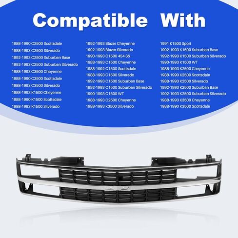 CarPartsDepot Front Grille Chrome Shell With Black Insert Grill Compatible With CHEVROLET 1988-1993 C/K 1500 2500 3500 & 1992-1993 Blazer GM1200142 in Saudi Arabia