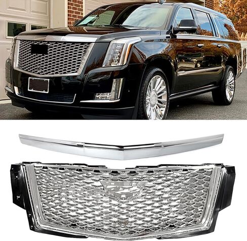 Chrome Front Grill w/Hood Molding Trim Compatible with 2015-2020 Cadillac Escalade Upgraded 2025 Style Honeycomb Upper Bumper Grille Assembly Replace for 85774754 in Saudi Arabia