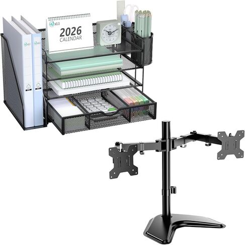 WALI Bundles- Dual Monitor Stand and Desk File Organizer, 4 Tier Desktop Paper Letter Tray Organizer with Drawer and 2 Pen Holders (MF002+DO005DH-B) in Kuwait