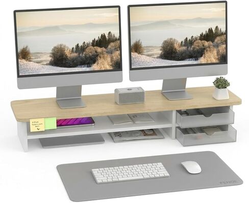 Fenge Dual Monitor Stand with Drawer & Desk Pad Bundle, 42.5 Inch 2-Tier Wood Monitor Riser & 23.6×13.8 Inch Double-Sided Waterproof Mouse Mat for Home Office in Saudi Arabia