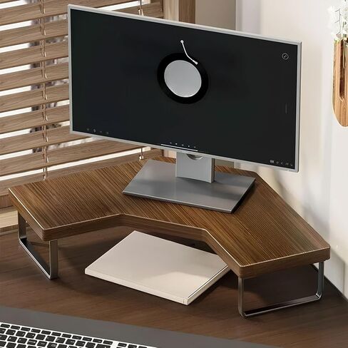 Corner Monitor Riser for Desk, Wooden Triangular Computer Stand with Metal Legs, Space-Saving Desktop Riser, Ergonomic Computer Monitor Stand for Home, Office, Desk Organizer (Brown, Large) in Kuwait