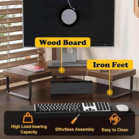Corner Monitor Riser for Desk, Wooden Triangular Computer Stand with Metal Legs, Space-Saving Desktop Riser, Ergonomic Computer Monitor Stand for Home, Office, Desk Organizer (Brown, Large) in Kuwait
