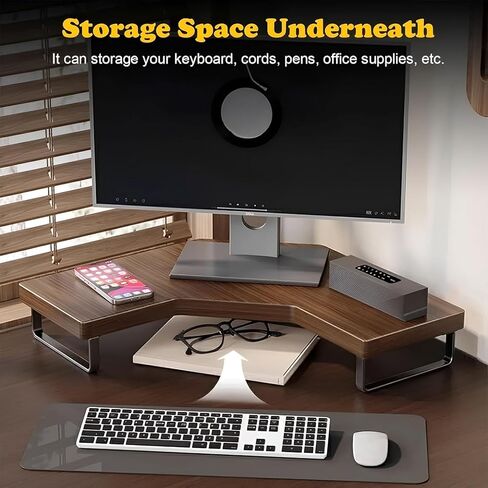 Corner Monitor Riser for Desk, Wooden Triangular Computer Stand with Metal Legs, Space-Saving Desktop Riser, Ergonomic Computer Monitor Stand for Home, Office, Desk Organizer (Brown, Large) in Kuwait