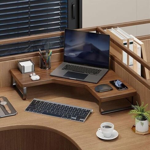 Corner Monitor Riser for Desk, Wooden Triangular Computer Stand with Metal Legs, Space-Saving Desktop Riser, Ergonomic Computer Monitor Stand for Home, Office, Desk Organizer (Brown, Large) in Kuwait