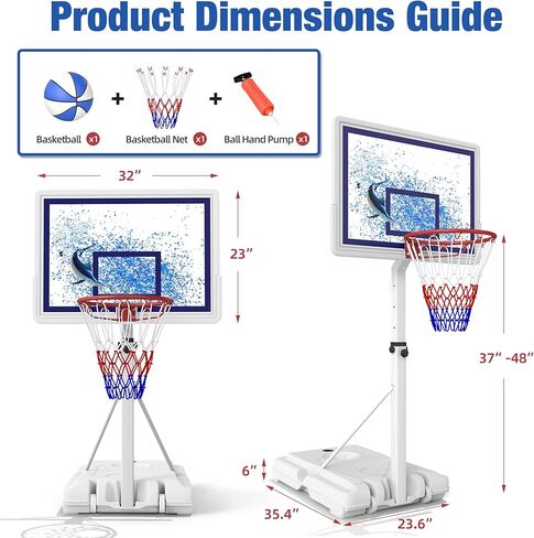 Swimming Pool Basketball Hoop with Shatterproof Backboard, Height Adjustable Basketball Hoop for Pool (3-4 FT) with 50L Fillable Base, Portable Poolside Basketball Hoop Set with Ball & Air Pump in Saudi Arabia
