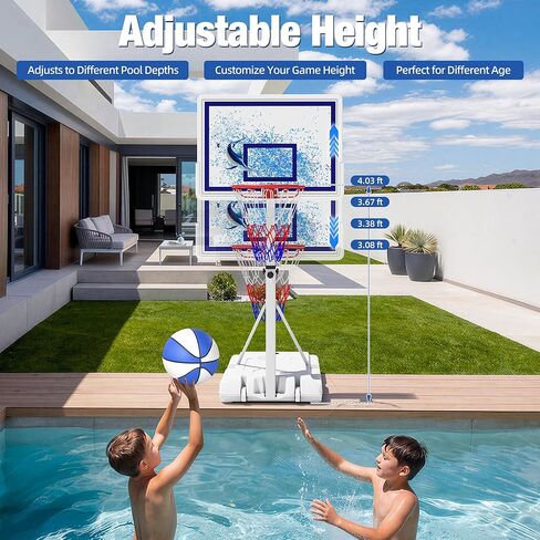 Swimming Pool Basketball Hoop with Shatterproof Backboard, Height Adjustable Basketball Hoop for Pool (3-4 FT) with 50L Fillable Base, Portable Poolside Basketball Hoop Set with Ball & Air Pump in Saudi Arabia