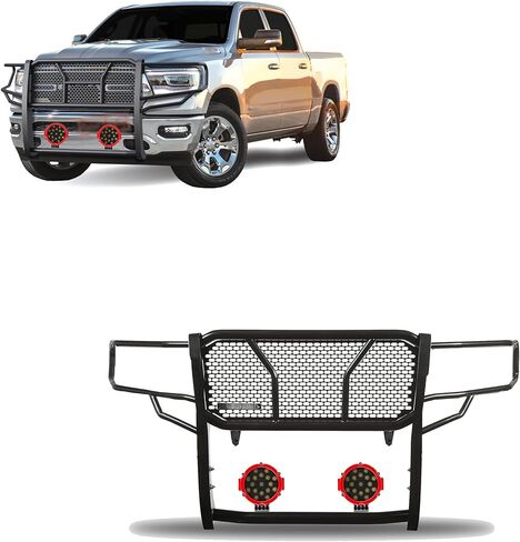 Black Horse RUGGED Heavy Duty Grille Brush Bumper Guard Modular Black Come With pair of 7.0"Dia.LED Lights with Red Trim Rings Compatible with 2019-2026 Ram 1500-RU-DORA19-B-PLR in Kuwait