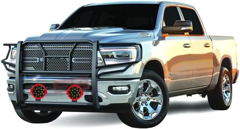 Black Horse RUGGED Heavy Duty Grille Brush Bumper Guard Modular Black Come With pair of 7.0"Dia.LED Lights with Red Trim Rings Compatible with 2019-2026 Ram 1500-RU-DORA19-B-PLR in Kuwait