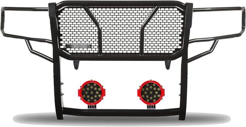 Black Horse RUGGED Heavy Duty Grille Brush Bumper Guard Modular Black Come With pair of 7.0"Dia.LED Lights with Red Trim Rings Compatible with 2019-2026 Ram 1500-RU-DORA19-B-PLR in Kuwait