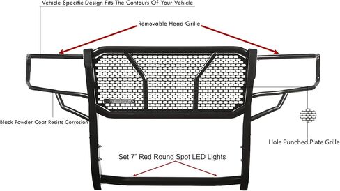 Black Horse RUGGED Heavy Duty Grille Brush Bumper Guard Modular Black Come With pair of 7.0"Dia.LED Lights with Red Trim Rings Compatible with 2019-2026 Ram 1500-RU-DORA19-B-PLR in Kuwait