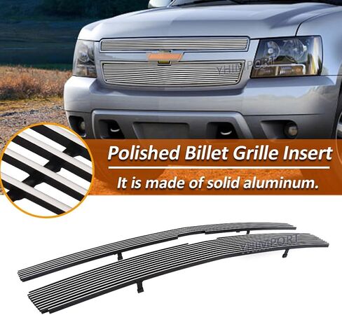 Front Grille Silver Aluminum horizontal Billet Grill Combo Compatible with 2007-2014 Tahoe Avalanche Suburban (Not For Hybrid Model) in Saudi Arabia