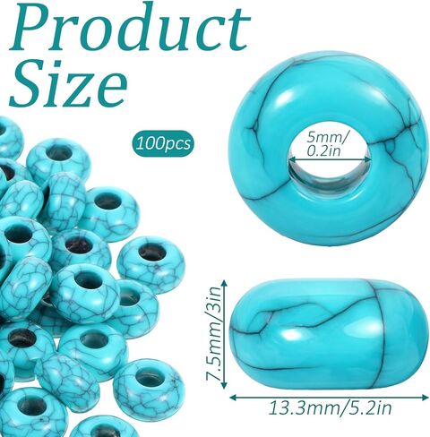 100 Pcs Turquoise Beads for Jewelry Making, 14mm Exquisite Turquoise Big Hole Bead Rounded Large Holes Beads for Crafts Jewelry Making Bracelets Pens(5mm Hole) in Kuwait