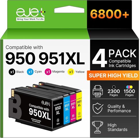 ejet 950XL 951XL Combo استبدال عالي الإنتاجية لحزمة التحرير والسرد لخراطيش الحبر HP 950 951 المتوافقة مع OfficeJet Pro 8600 8610 8615 8620 8625 8100 276DW 251DW، أسود سماوي أرجواني أصفر 4 عبوات in Kuwait