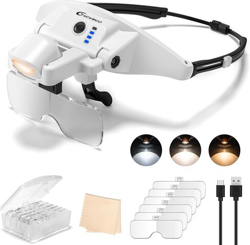 Magnifying Glass with Light, 1X-4X Magnifying Glasses, Rechargeable Magnifier Headset with Magnetic Headband, Detachable 6 Lenses, 3 Light Modes Magnify Glasses for Close Work Crafts Sewing in Saudi Arabia