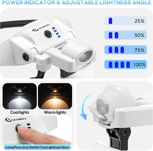 Magnifying Glass with Light, 1X-4X Magnifying Glasses, Rechargeable Magnifier Headset with Magnetic Headband, Detachable 6 Lenses, 3 Light Modes Magnify Glasses for Close Work Crafts Sewing in Saudi Arabia