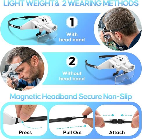 Magnifying Glass with Light, 1X-4X Magnifying Glasses, Rechargeable Magnifier Headset with Magnetic Headband, Detachable 6 Lenses, 3 Light Modes Magnify Glasses for Close Work Crafts Sewing in Saudi Arabia
