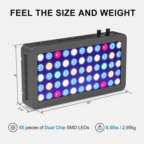 Wills Full Spectrum Aquarium Light ، مصابيح الشعاب المرجانية للشعاب المرجانية ذات القنوات المزدوجة قابلة للضايق ، 55 رقائق SMD متميزة ، تصميم سلسلة ديزي ، ضوء خزان أسماك المياه المالحة المعلقة لـ SPS/LPS الشعاب المرجانية (165W/أسود) in Kuwait