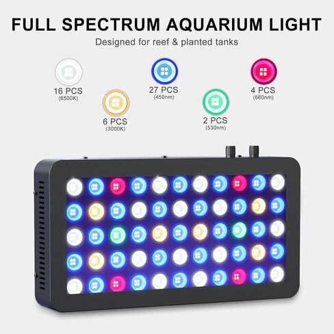 Wills Full Spectrum Aquarium Light ، مصابيح الشعاب المرجانية للشعاب المرجانية ذات القنوات المزدوجة قابلة للضايق ، 55 رقائق SMD متميزة ، تصميم سلسلة ديزي ، ضوء خزان أسماك المياه المالحة المعلقة لـ SPS/LPS الشعاب المرجانية (165W/أسود) in Kuwait