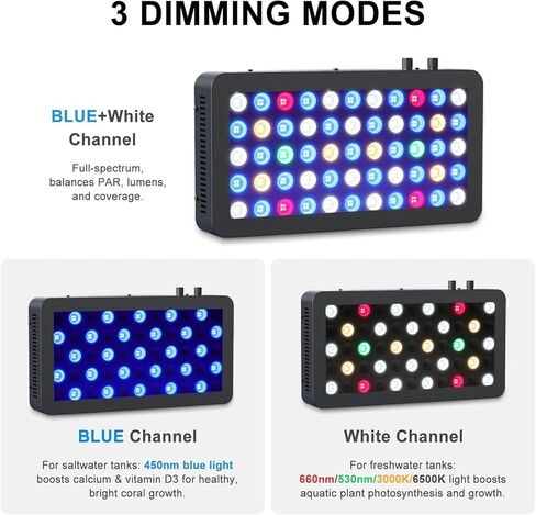 Wills Full Spectrum Aquarium Light ، مصابيح الشعاب المرجانية للشعاب المرجانية ذات القنوات المزدوجة قابلة للضايق ، 55 رقائق SMD متميزة ، تصميم سلسلة ديزي ، ضوء خزان أسماك المياه المالحة المعلقة لـ SPS/LPS الشعاب المرجانية (165W/أسود) in Kuwait