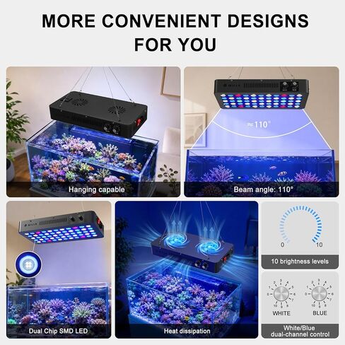 Wills Full Spectrum Aquarium Light ، مصابيح الشعاب المرجانية للشعاب المرجانية ذات القنوات المزدوجة قابلة للضايق ، 55 رقائق SMD متميزة ، تصميم سلسلة ديزي ، ضوء خزان أسماك المياه المالحة المعلقة لـ SPS/LPS الشعاب المرجانية (165W/أسود) in Kuwait