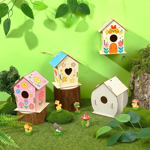 DECYOOL 12 Pack Wooden Bird House Kits DIY Wooden Birdhouses Craft Unfinished Birdhouse Bulk Kit for Class Handmade Activities Supplies Kids Craft Kits in Kuwait