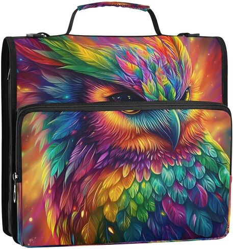 ALAZA Rainbow Color Owl Zipper Binder 3 Ring Binder Organizer with Zipper and Shoulder Strap Large Capacity Multi-Pocket for Office Supplies Work in Saudi Arabia