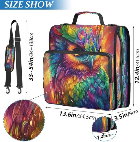 ALAZA Rainbow Color Owl Zipper Binder 3 Ring Binder Organizer with Zipper and Shoulder Strap Large Capacity Multi-Pocket for Office Supplies Work in Saudi Arabia