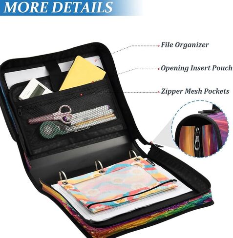 ALAZA Rainbow Color Owl Zipper Binder 3 Ring Binder Organizer with Zipper and Shoulder Strap Large Capacity Multi-Pocket for Office Supplies Work in Saudi Arabia