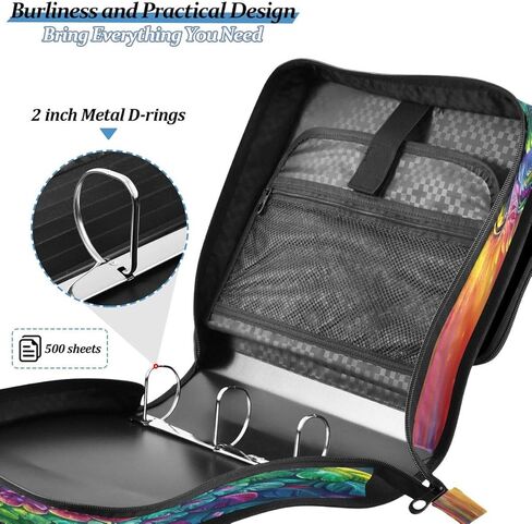 ALAZA Rainbow Color Owl Zipper Binder 3 Ring Binder Organizer with Zipper and Shoulder Strap Large Capacity Multi-Pocket for Office Supplies Work in Saudi Arabia